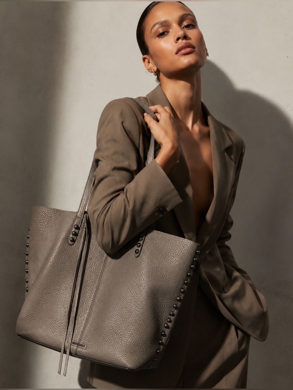 Rebecca Minkoff Taupe/Gray Pebbled Leather Stud Tote Large Shopper w/ Zip Pouch